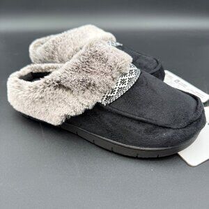 Isotoner Womens Memory Foam Slippers XL 9.5-10 Black Gray Faux Fur Collar